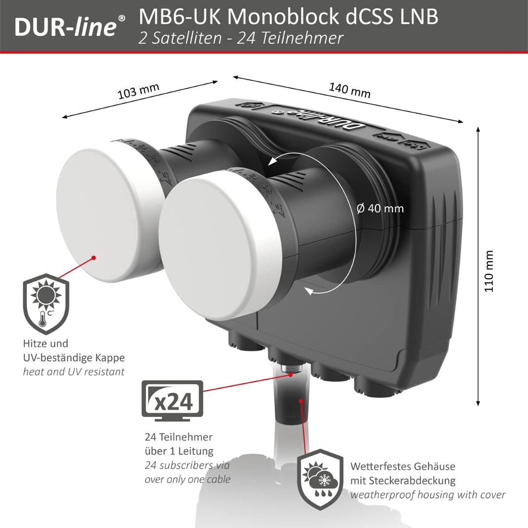 DUR-line 6° Monoblock Unicable LNB - Astra 19,2°E + Hotbird 13°E - 24 Teilnehmer & 2 Satelliten (MB6