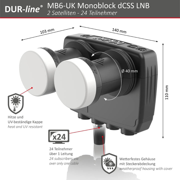 DUR-line 6° Monoblock Unicable LNB - Astra 19,2°E + Hotbird 13°E - 24 Teilnehmer & 2 Satelliten (MB6