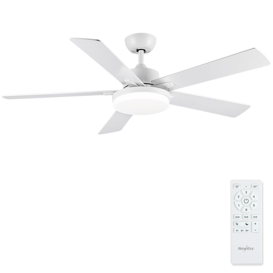 Newday 132cm Grosse Deckenventilatoren Weiss mit Beleuchtung und Fernbedienung Leise, 5 Flügel, Dimm