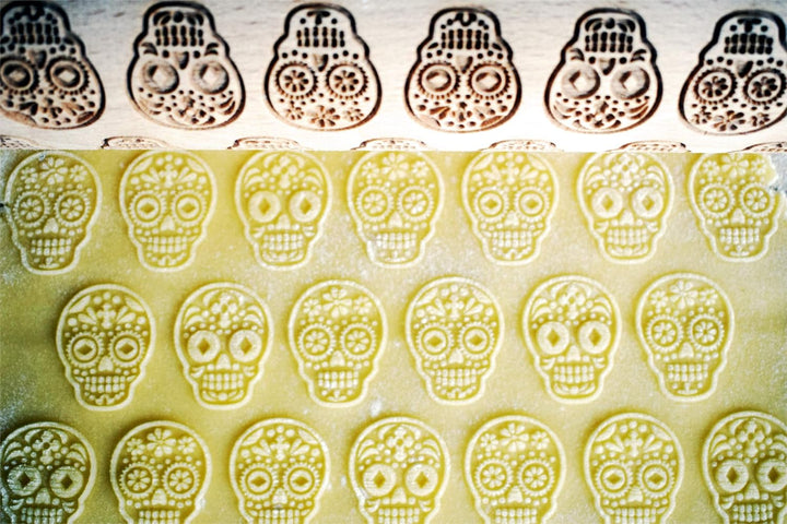 Nudelholz SUGAR TOTENKOPF. Teigrolle mit Mexikanisch Schädel. Kekse. Präge Teigrolle. Halloween. Gra