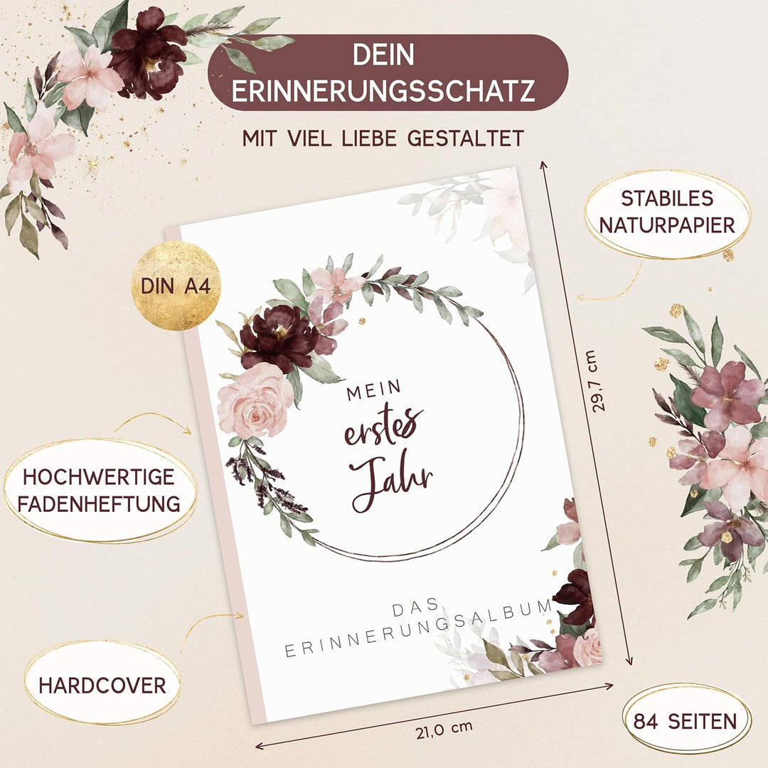 HIMMEL.HERZ.PAPIER® Mein erstes Jahr Babyalbum - Erinnerungsbuch Baby Tagebuch - Din A4 - Geschenk f
