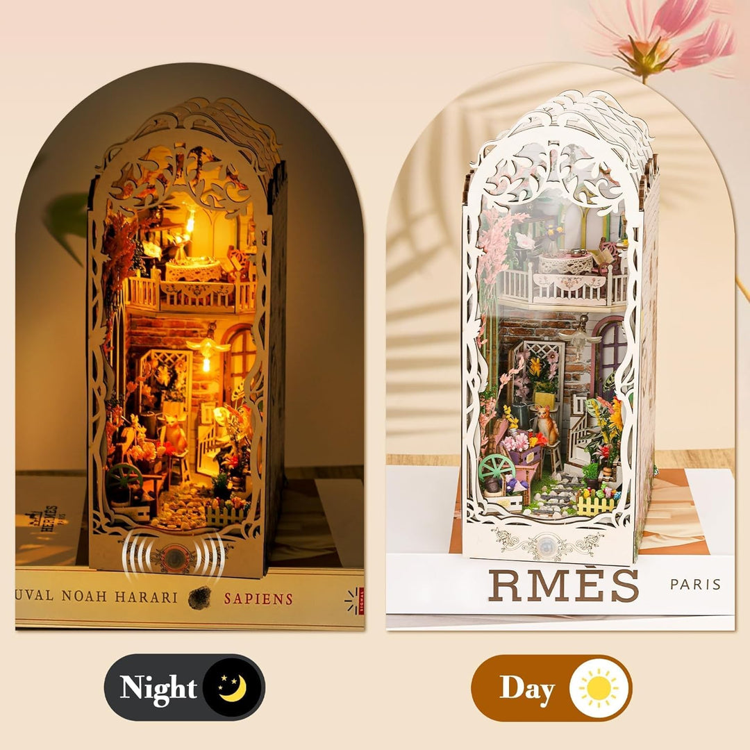 Book Nook Kit Buchstützen, DIY Puppenhäuser Miniatur Haus Kit mit Staubschutzhülle LED-Licht Gartenh