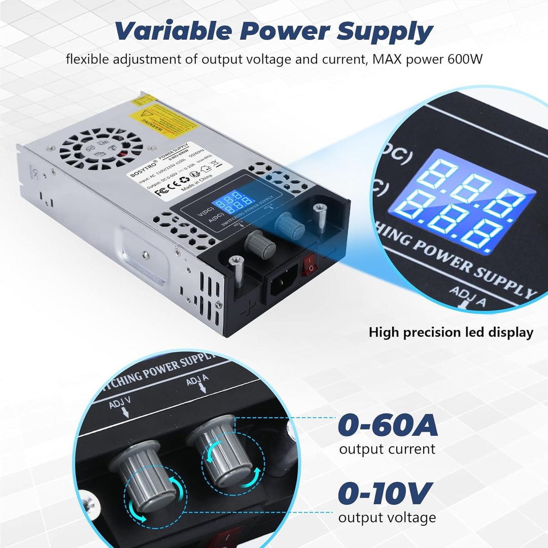 BOSYTRO Regelbares Netzteil 0-60V 0-10A 600W Schaltnetzteil Transformator Power Supply Trafo 230v au