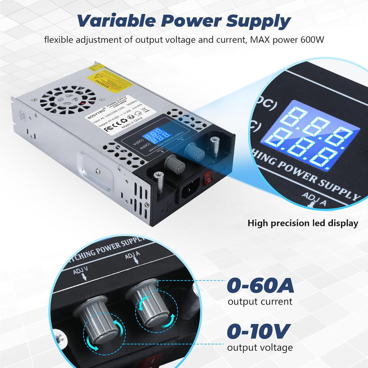BOSYTRO Regelbares Netzteil 0-60V 0-10A 600W Schaltnetzteil Transformator Power Supply Trafo 230v au