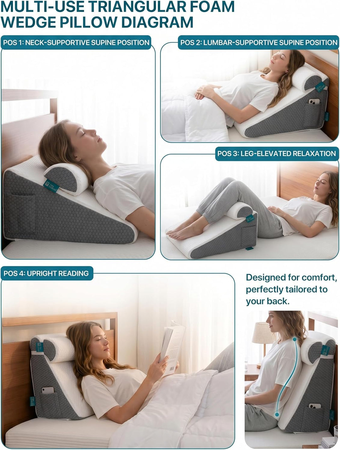 Keilkissen mit extra Nackenrolle, Bettkeilkissen für Schlafapnoe, Linderung von Säurereflux, Rückens