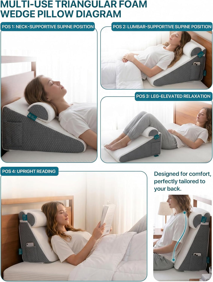 Keilkissen mit extra Nackenrolle, Bettkeilkissen für Schlafapnoe, Linderung von Säurereflux, Rückens