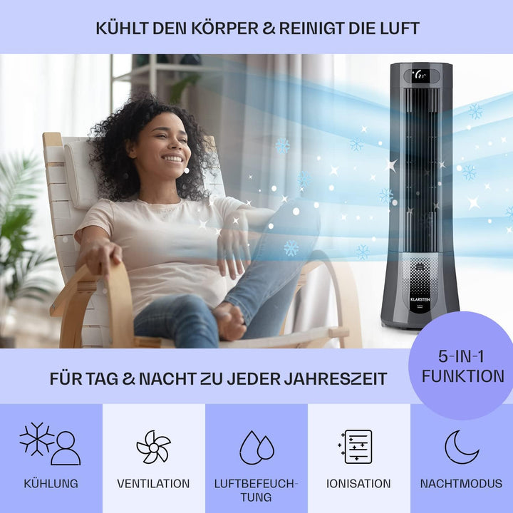 Klarstein Luftkühler, 5-in-1 Raumkühler, Luftbefeuchter, Luftreiniger, Ventilator & Nachtmodus, Klim