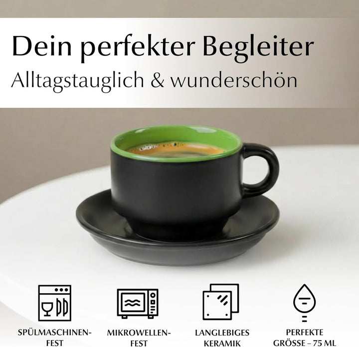 MIAMIO - 6 x 75 ml Espressotassen Set/Espresso Tassen Set mit Untertasse & Ständer - Kaffeetassen Se