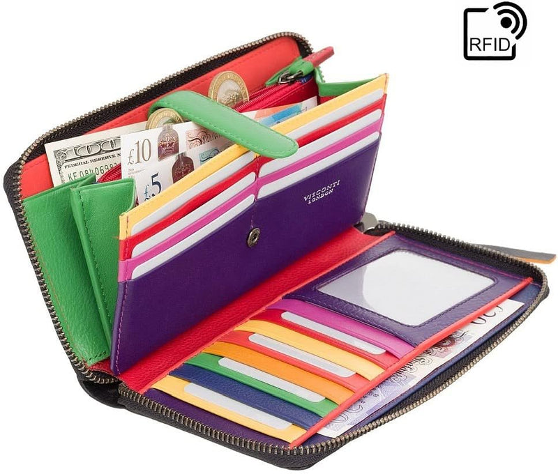 VISCONTI 100% Pur Leder Damen Portemonee RFID Schutz Geldbeutel XL Geldbörse mit Reissverschluss für