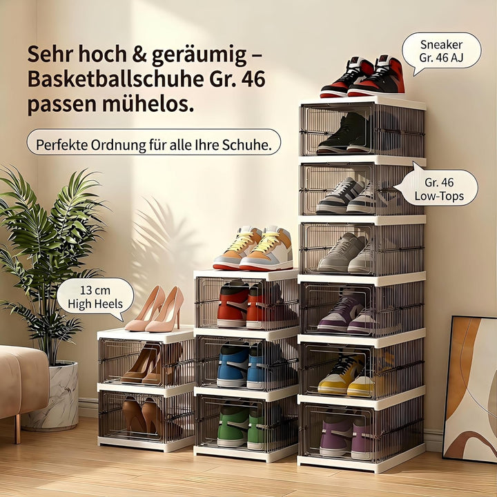 Schuhboxen Stapelbar, 24 Ebenen, Transparent, Faltbar, Dickem Kunststoff, für Sneaker bis Grösse 46,