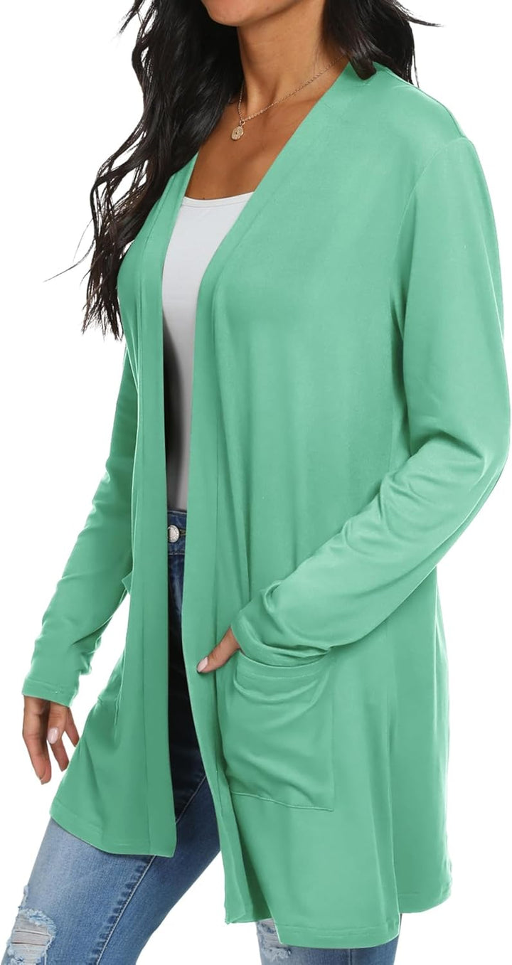 QIXING Casual Leichte Strickjacke Damen Lang Elegant Dünne Strickjacke Lange Ärmel mit Taschen Open