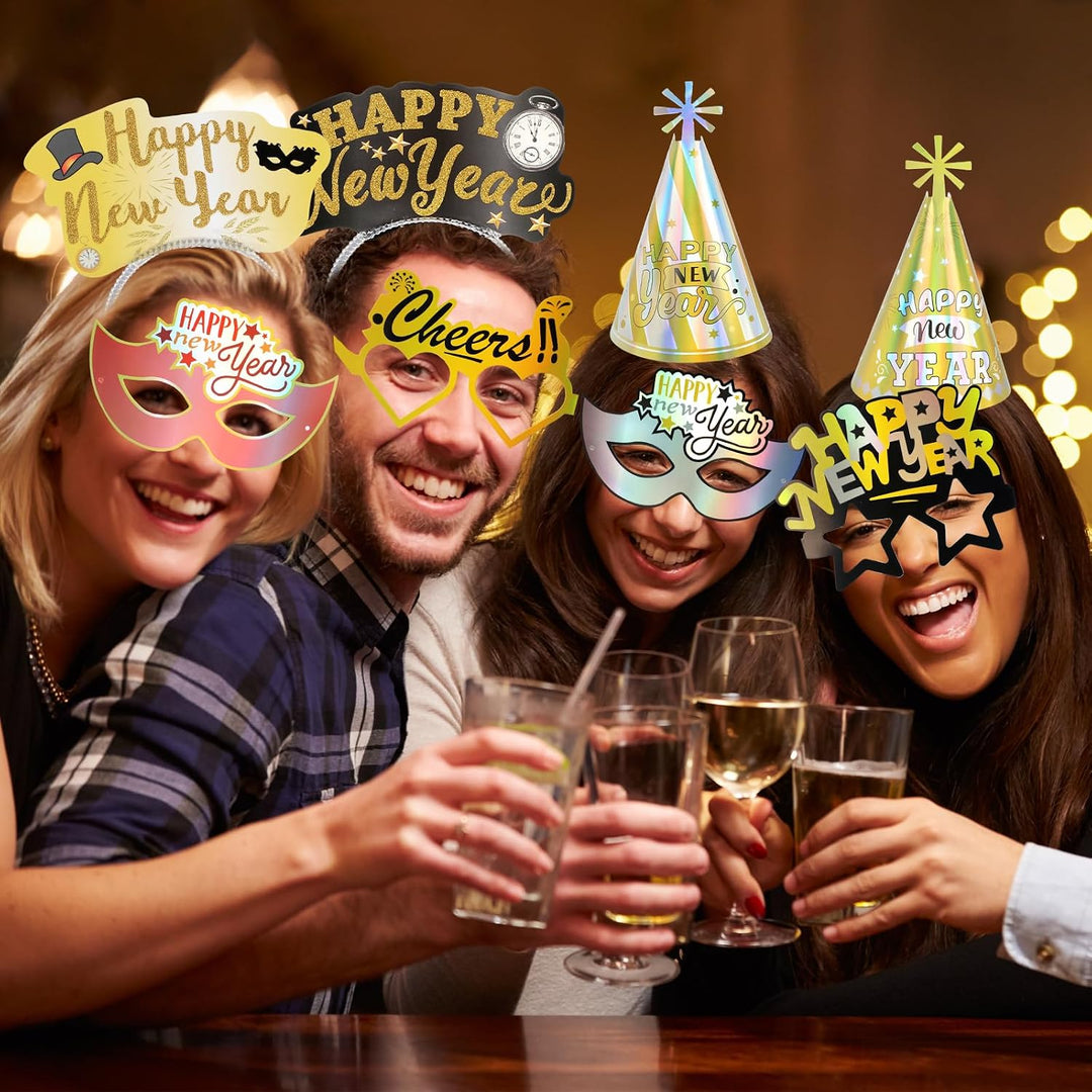 DPKOW Silvester Deko, Silvester Partyhüte Haarreif Partybrille Set Schwarz Gold Silber Farbe, Schwar