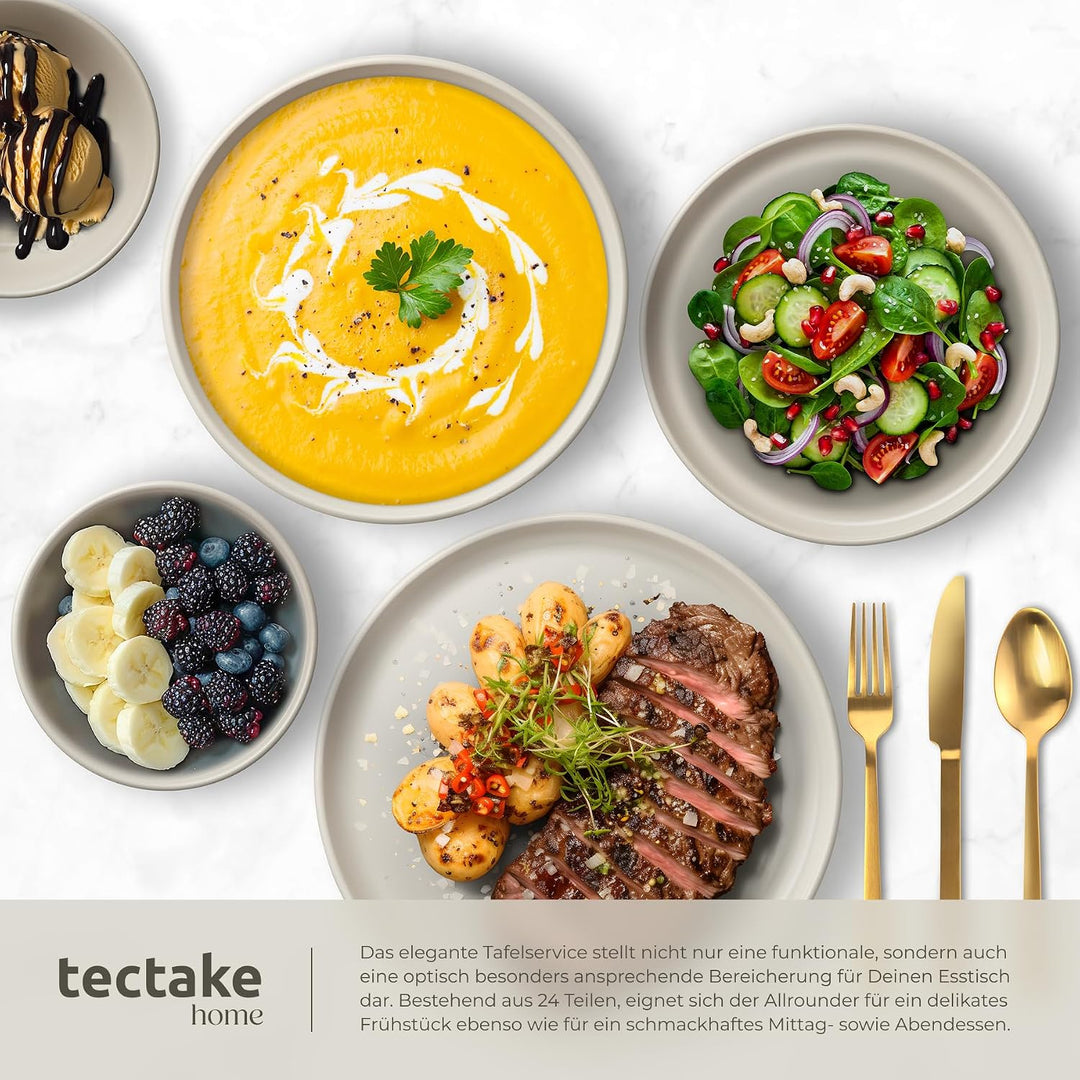 tectake® Küchenstarterset 6 Personen, Steingut Geschirr Set, Teller, 3 Pfannen, 2 Töpfe, rostfreies