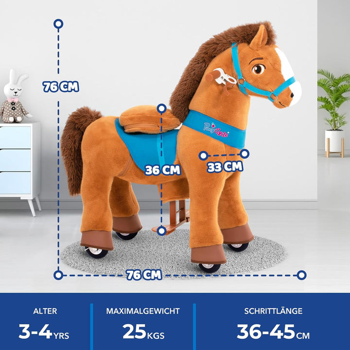 PonyCycle Pferd zum reiten, für Kinder 3–4 Jahre, 76cm Hoch, Reitpferd auf Rollen mit Handbremse, Sc