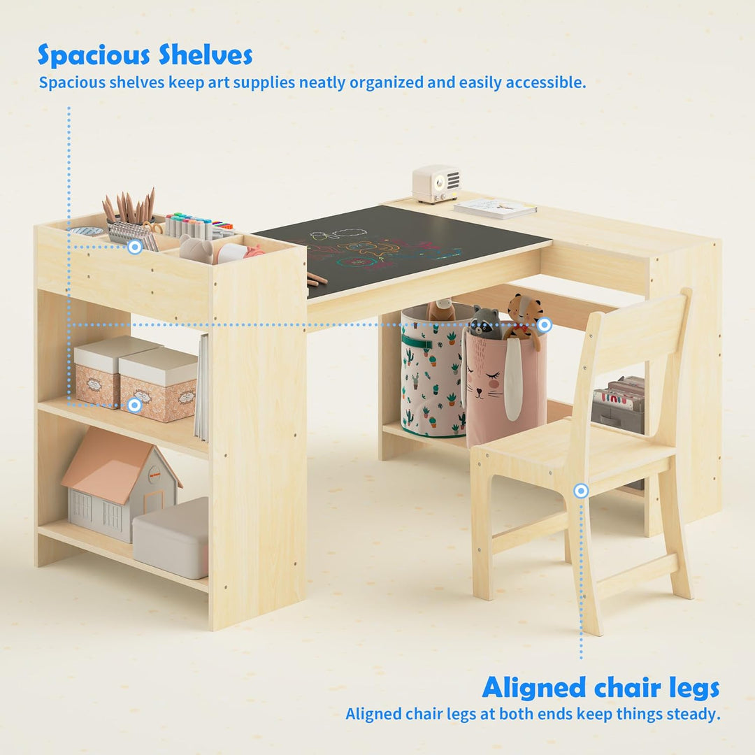 Kinder-Kunsttisch und 1 Stuhl Set, Maltisch mit Malrolle & Aufbewahrung, höhenverstellbarer Holz-Tis