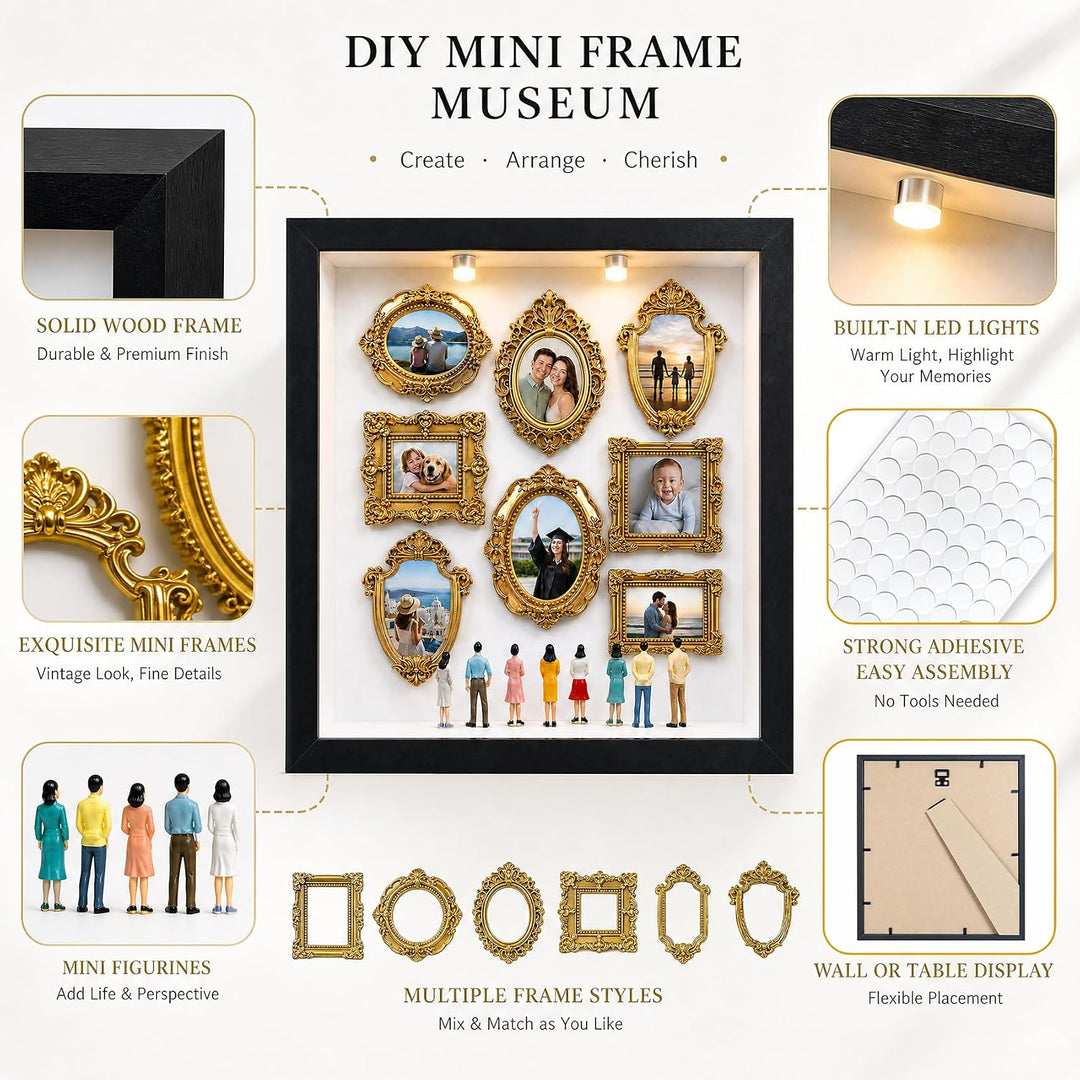 DIY Mini Museum Bilderrahmen Vintage, 9-Zoll Museum of Us Silhouette Box mit 8 Mini Figuren, 8 Golde