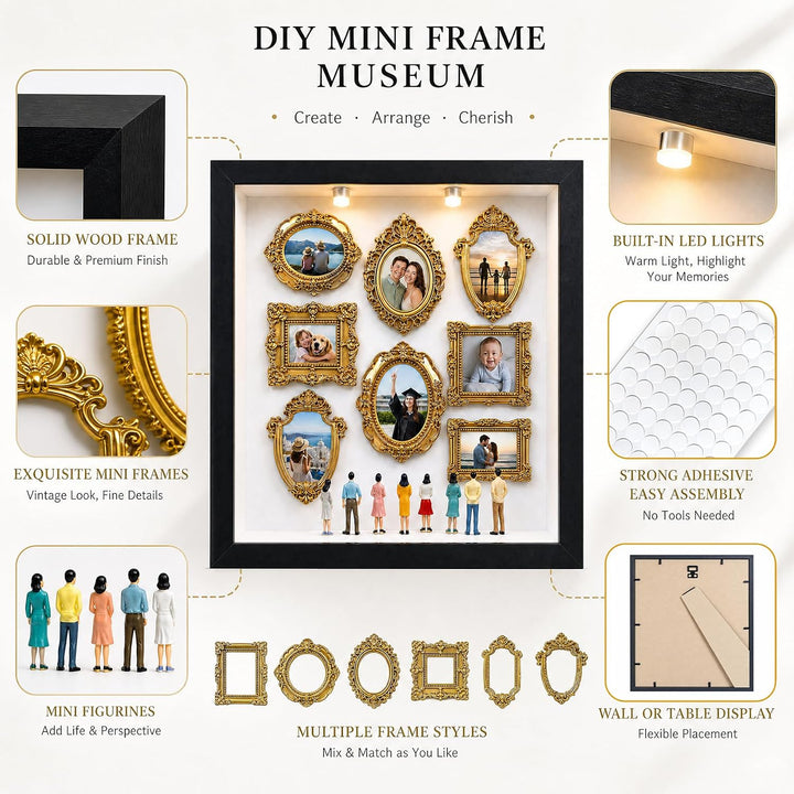 DIY Mini Museum Bilderrahmen Vintage, 9-Zoll Museum of Us Silhouette Box mit 8 Mini Figuren, 8 Golde