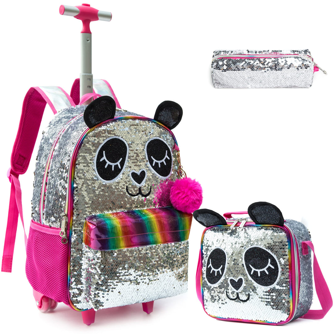 Rucksack Mädchen Schulranzen Trolley Silber Rot Panda Pailletten Trolley Rucksack Schulrucksack Teen