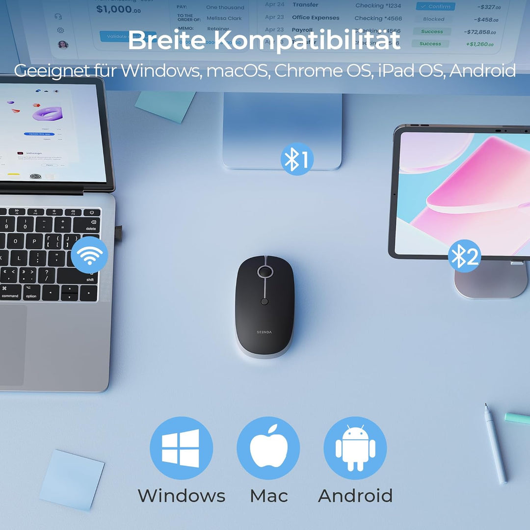seenda MOU001 Bluetooth Maus, USB + Dual-Bluetooth 3 Geräte Verbindung, Maus Kabellos mit 3 DPI-Stuf