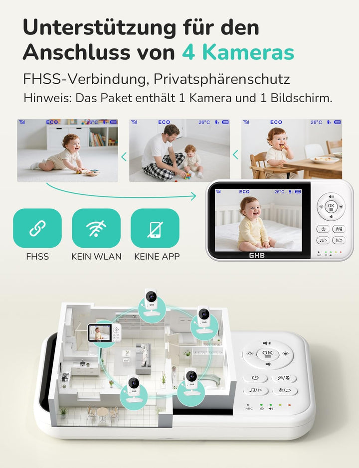 GHB Babyphone mit Kamera Baby Monitor 3,2 Zoll LCD 2100 mAh Akku 2X Zoom Temperatursensor Nachtsicht