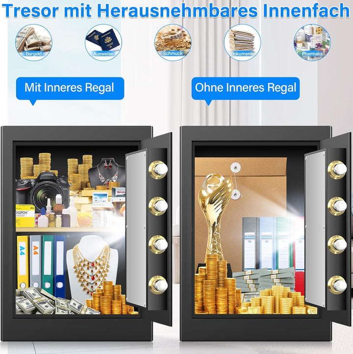 45L Grosser Feuerfester Tresor Safe mit Feuersichere Dokumententasche, Digitaler Möbeltresore mit 2