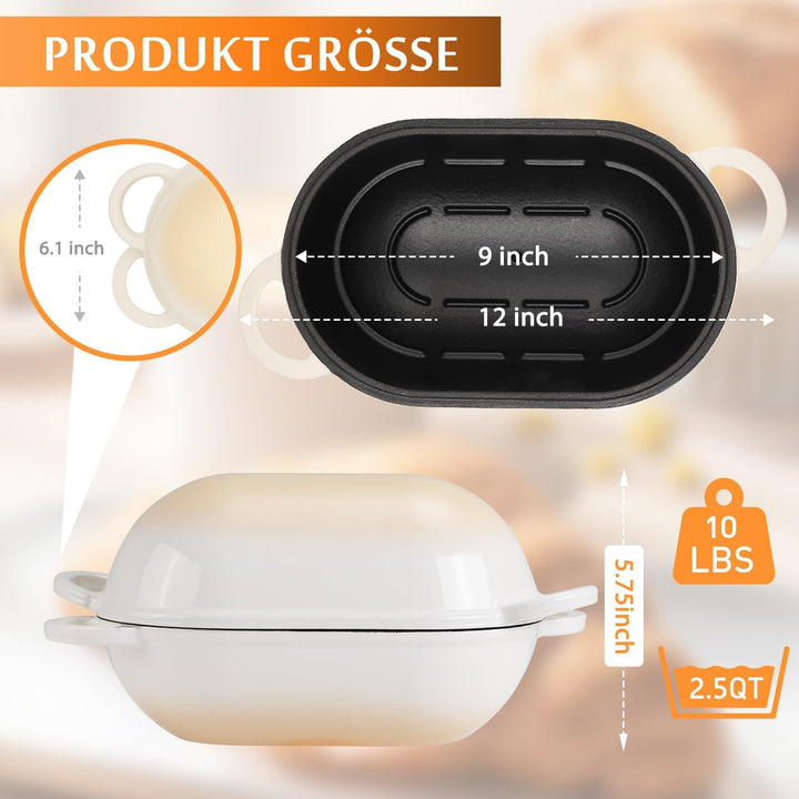 Gusseisen Brotbackform mit Deckel, 23 cm Emaille Gusseisen Topf Brot Backen, Bräter mit Deckel 2,75