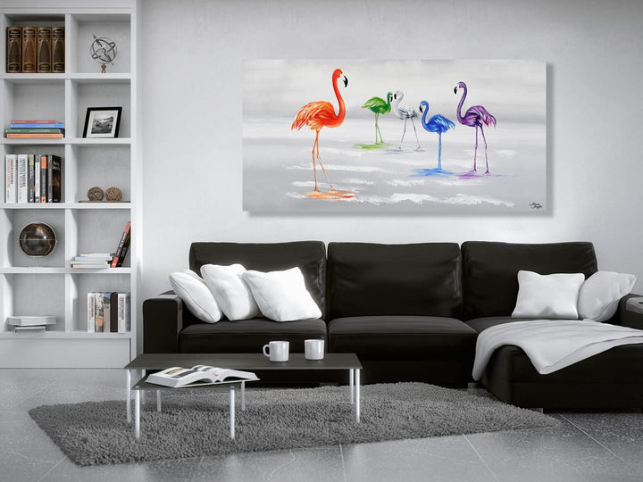 Monica Mirafiori I 100% HANDGEMALT I Gemälde Flamingos 140x70cm | Gemälde Handgemalt | Acrylgemälde