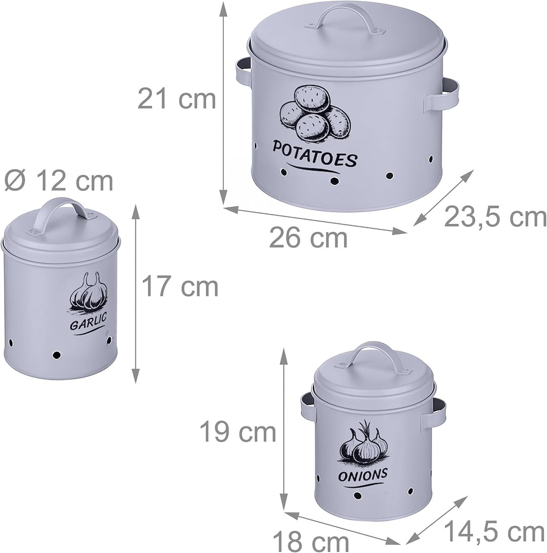 Relaxdays Kartoffel Aufbewahrungsbox, Zwiebeln, Knoblauch, 3er Set, mit Deckel &amp; Löchern, Metall, Zw