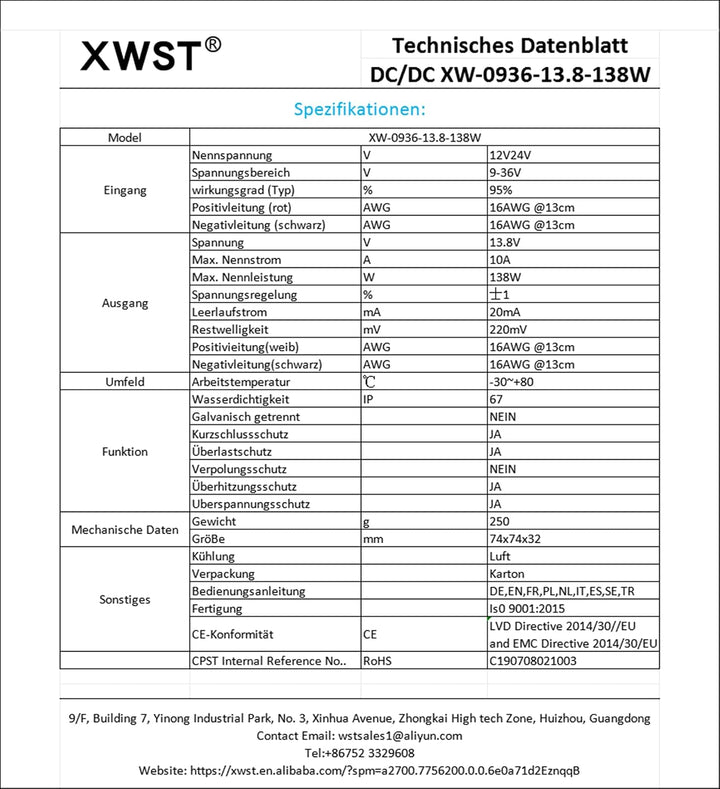 XWST DC DC 9-36V(12V 24V) zu DC 13.8V Aufwärts- und Abwärtswandler Spannungswandler 10A 138W Auto Ne