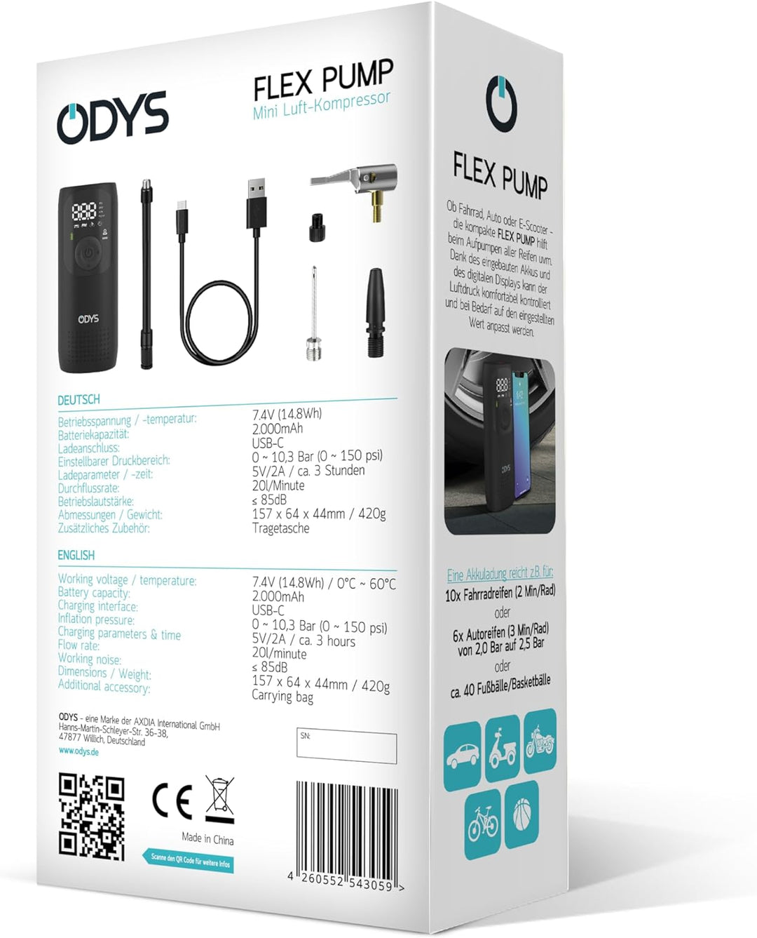 Odys FlexPump akkubetriebener tragbarer elektrischer Luftkompressor Luftpumpe für Auto, Motorrad, Sc