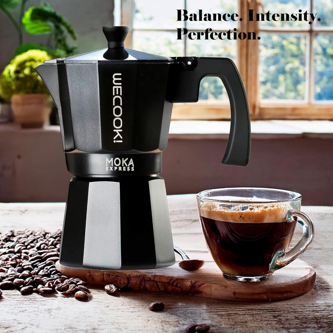 WECOOK! Bella Espressokocher Schwarz aus Aluminium, Moka Kaffeekocher, 9 Tassen (450 ml), Silikondic