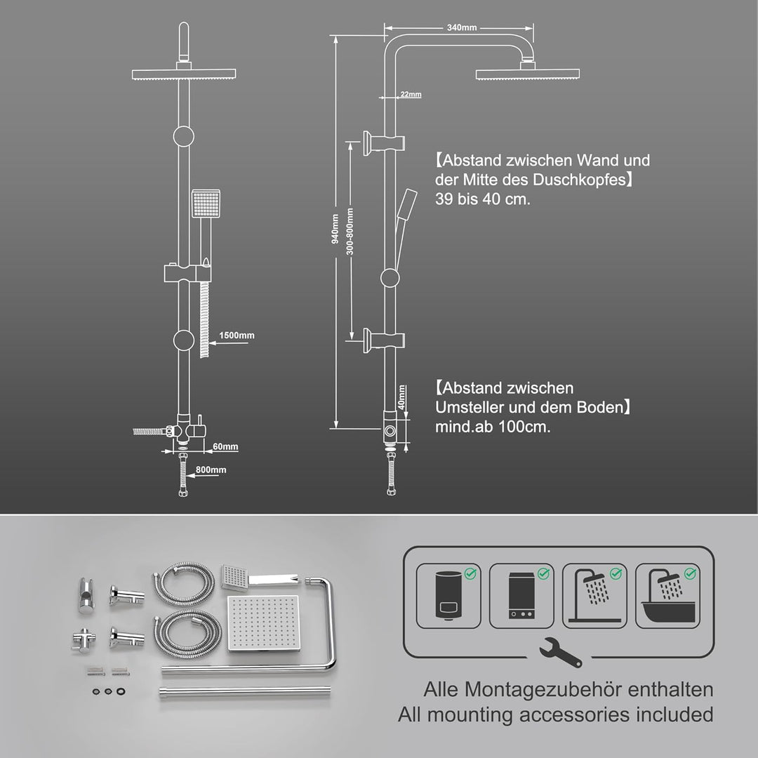 JOHO Edelstahl Duschsystem ohne Duscharmatur Chrom Duschset Überkopfbrauseset mit ABS Kopfbrause 20x