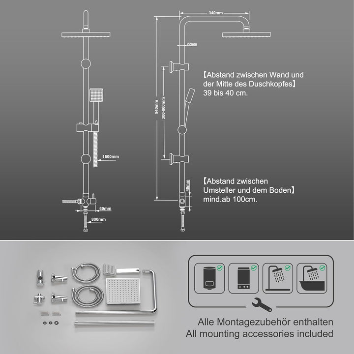 JOHO Edelstahl Duschsystem ohne Duscharmatur Chrom Duschset Überkopfbrauseset mit ABS Kopfbrause 20x