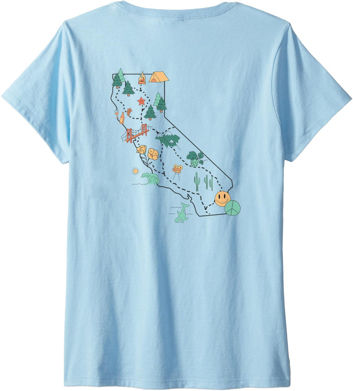 Damen Trendy California Landmarks Icon Map & Text Front & Back T-Shirt mit V-Ausschnitt