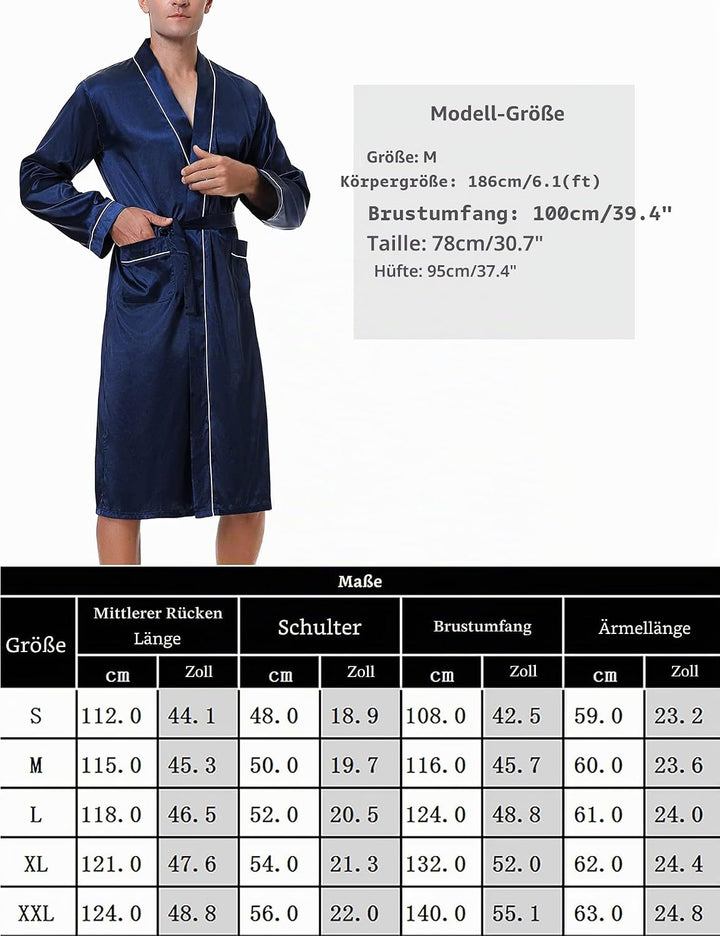 Bresdk Morgenmantel Herren Satin Kimono Robe Lang Leichter Bademantel für Männer L Rot M885, L Rot M