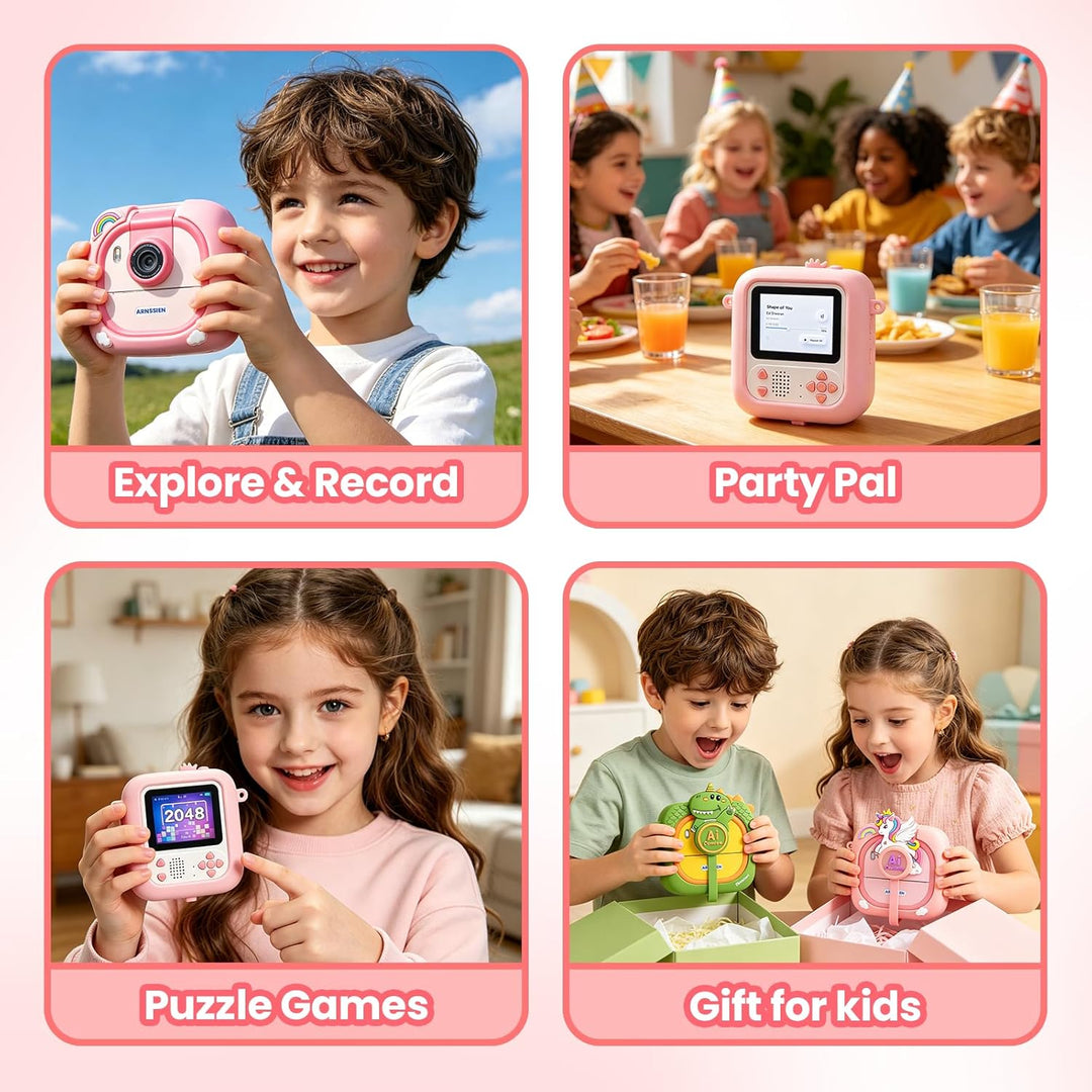ARNSSIEN AI Kinder Kamera,Kinderkamera Sofortbildkamera,1080p HD, KI-Erkennung, KI-Chat, Bluetooth,