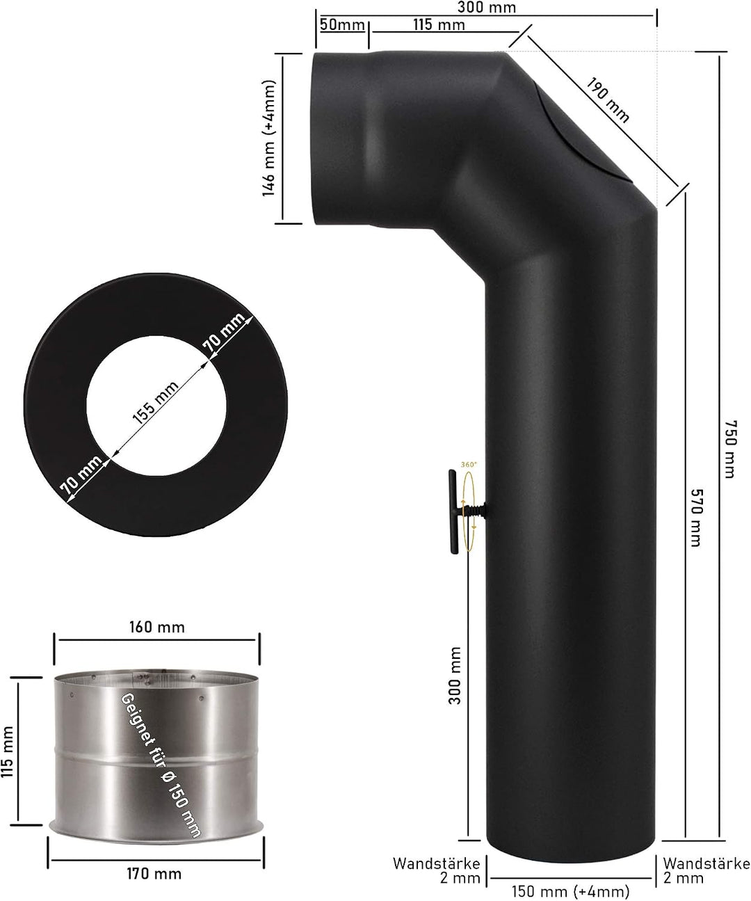 LANZZAS Ofenrohr Set 2x 45° Grad kurz, im Durchmesser, DN Ø 150 mm, Farbe: schwarz-metallic - weiter