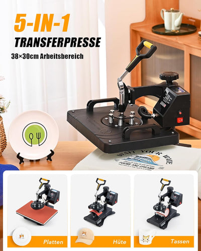 CREWORKS Hitzepresse Transferpresse 1250W Heat Press Heisspresse 360 Grad Schwenkbar DIY Mulitifunkt