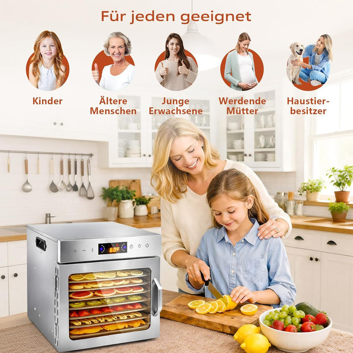 Dörrautomat Edelstahl mit 8 Stainless Steel Grids und 8 er Dörrfolie, BPA-frei, Einstellbare Tempera