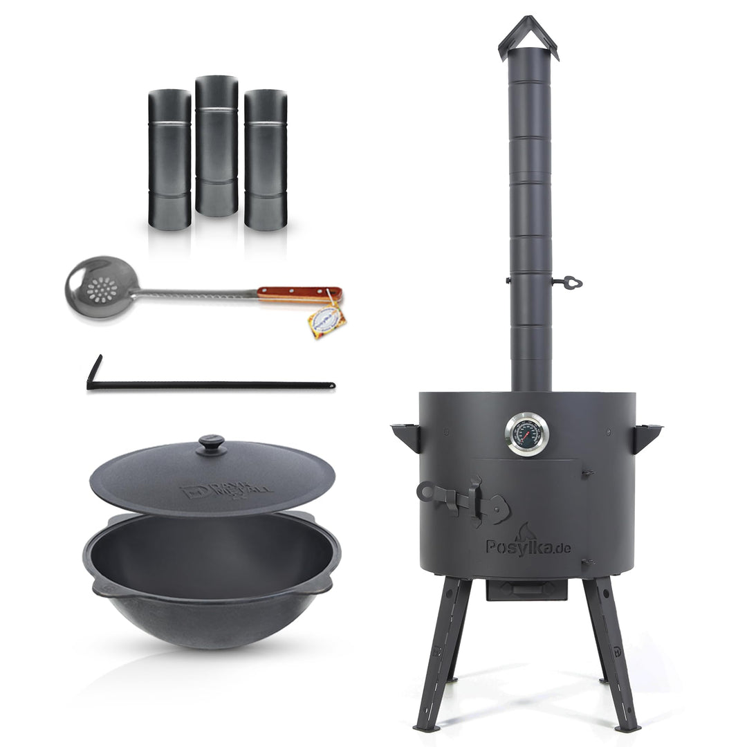 Feuerofen Utschak Ø 40 cm mit Gusseisen Kazan 12L | Uchag mit Rohrverlängerung &amp; Schaumlöffel 48 cm