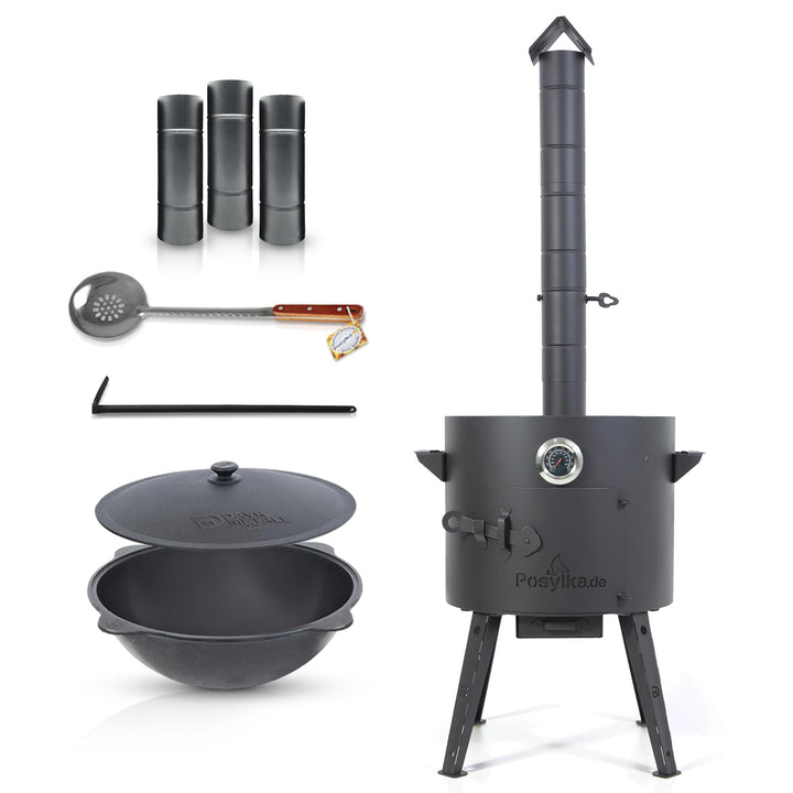 Feuerofen Utschak Ø 40 cm mit Gusseisen Kazan 12L | Uchag mit Rohrverlängerung &amp; Schaumlöffel 48 cm