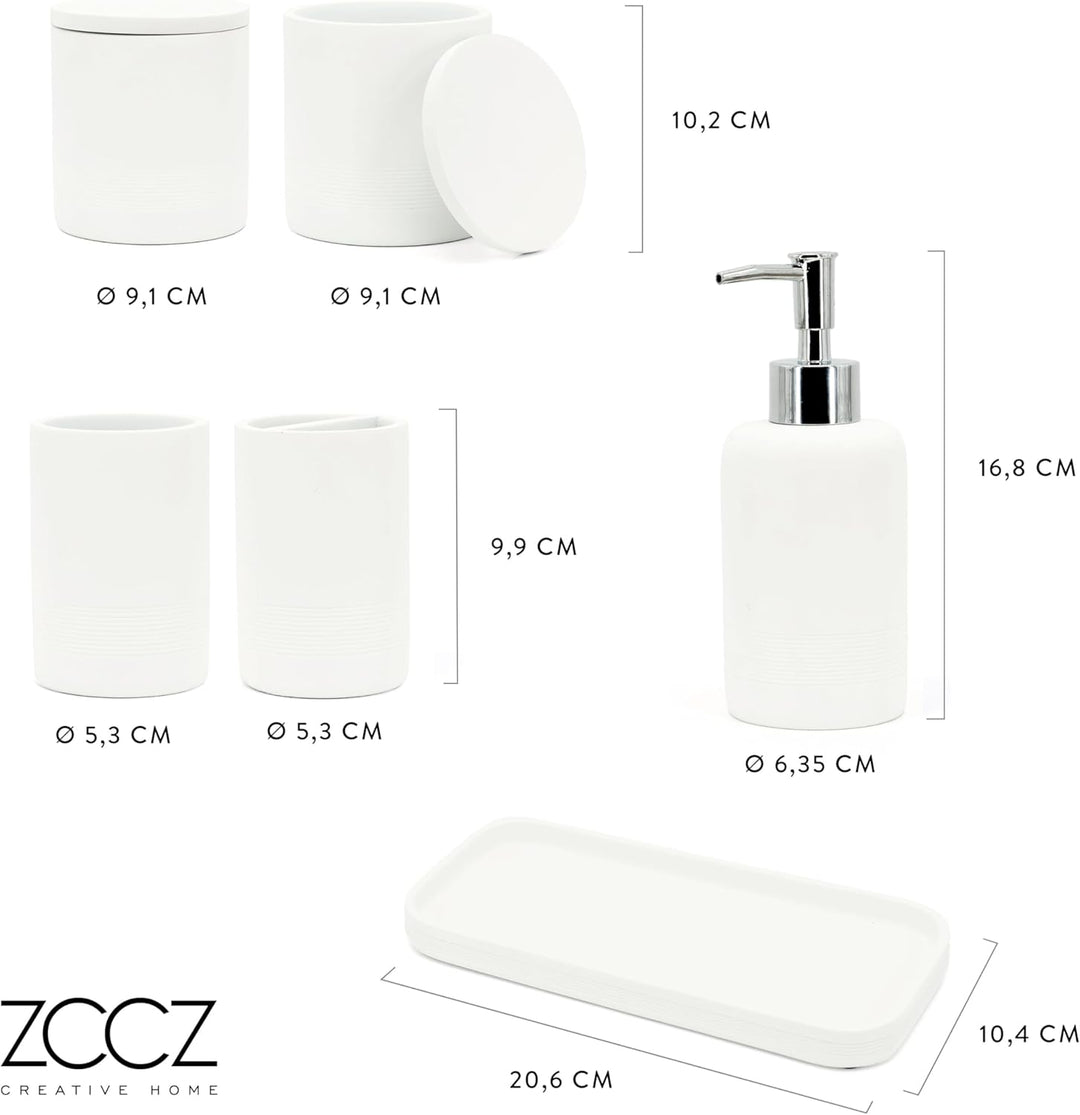 ZCCZ - Weisses Badezimmer-Zubehör-Set 6-teilig – Zahnbürstenhalter, Lotionseifenspender, 2 Qtip-Halt