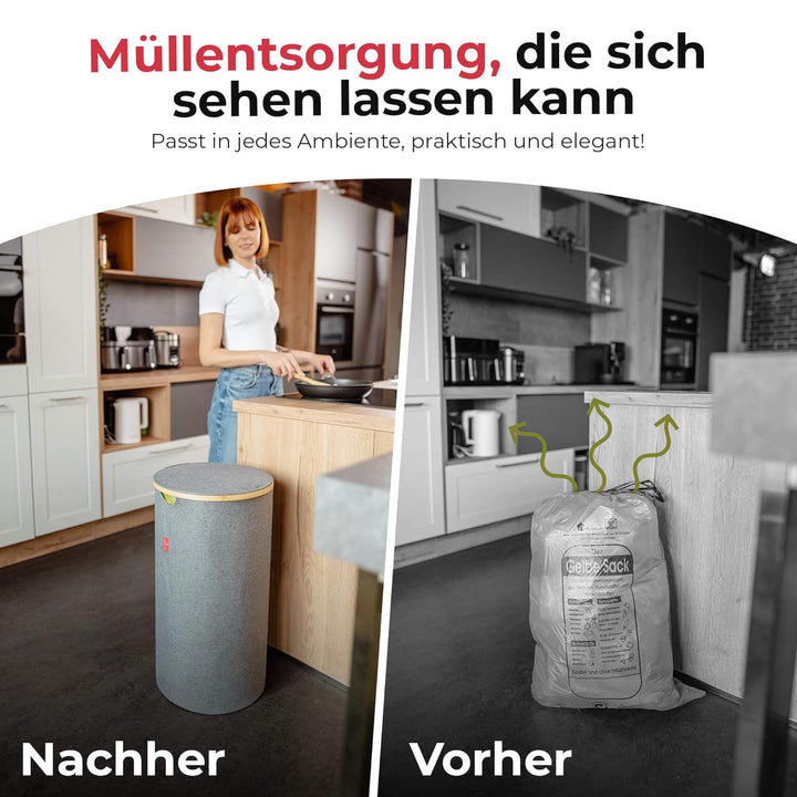 Levio® Gelber Sack Ständer mit Deckel – Müllsackhalter & Müllsackständer [80L mit Geruchsfilter] – M