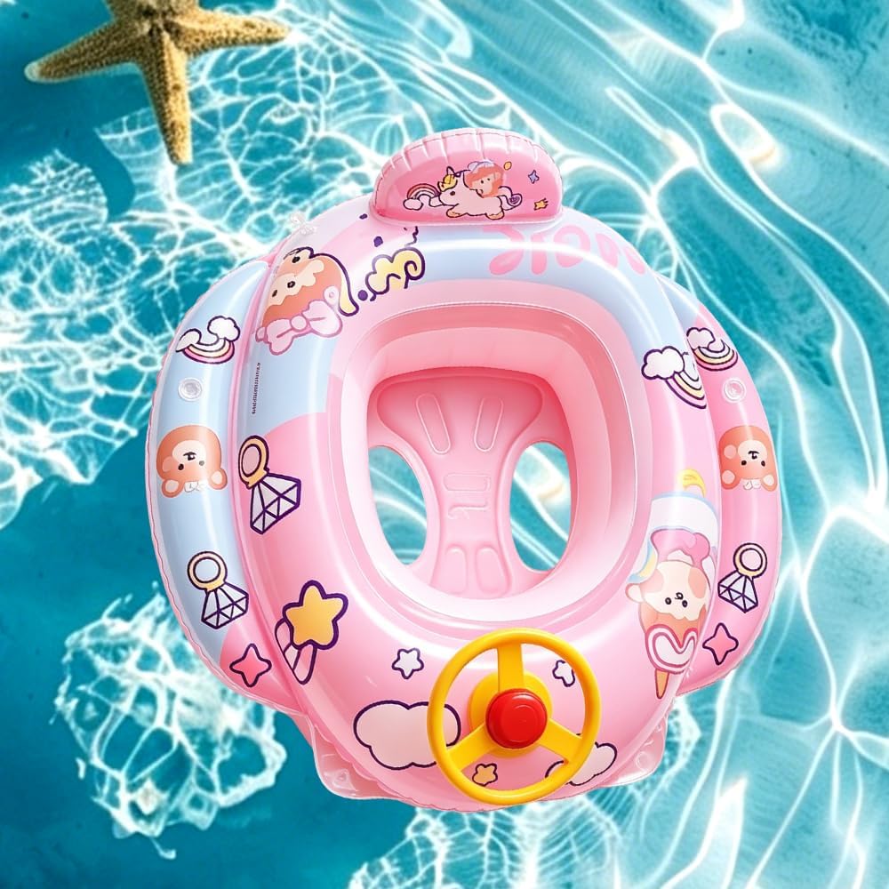 Baby Schwimmring Einhorn, Baby Schwimmhilfen, mit Lenkrad und Sitz, Einhorn Aufblasbarer Schwimmring