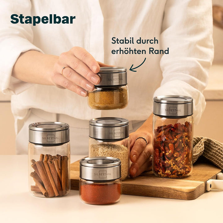 SILBERTHAL Gewürzglas 12er Set 100 ml Rund - mit Klickdeckel stapelbar - Vorratsglas mottensicher fü