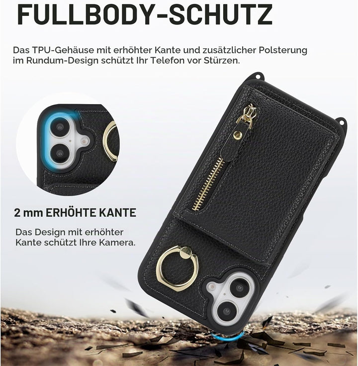 ELTEKER Handyhülle für iPhone 16 Plus Hülle mit Band Kartenfach Ringhalterung Geldbörse,Leder Klapph