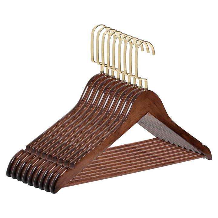 RSR-Hangers 10 Stück Kleiderbügel Holz Braun Holzkleiderbügel mit Hosensteg 44,5 cm | 360° drehbarer