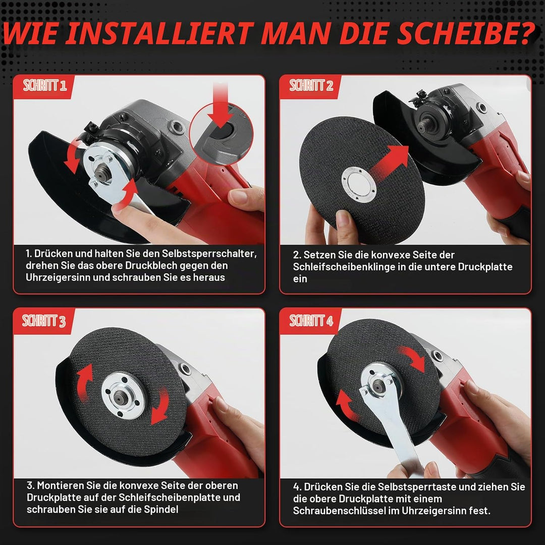 Akku Winkelschleifer für Milwaukee 18V,125mm Bürstenlos,3 Geschwindigkeiten,12000 U/min mit 4 M14 bi
