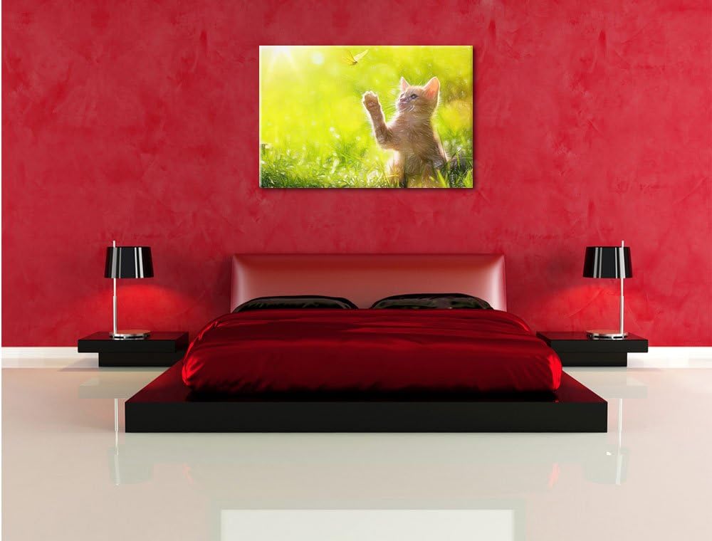 Pixxprint Kätzchen jagt Schmetterling Kunst Buntstift Effekt, Format: 100x70 auf Leinwand, 100x70