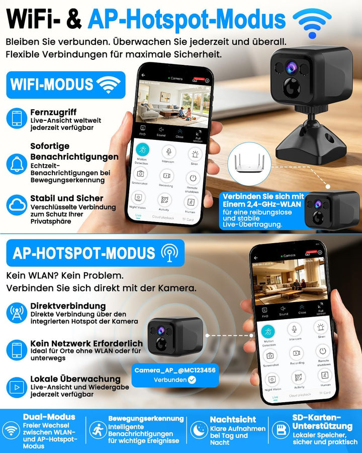 UCOCARE Mini Überwachungskamera Innen Ohne WLAN, 4K Mini Kamera mit Akku 5000mAh, WiFi &amp; AP Modus, N